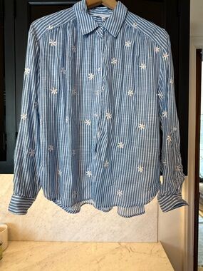 Women’s Light Blue White Striped Button-Down Shirt Embroidered Pattern Small